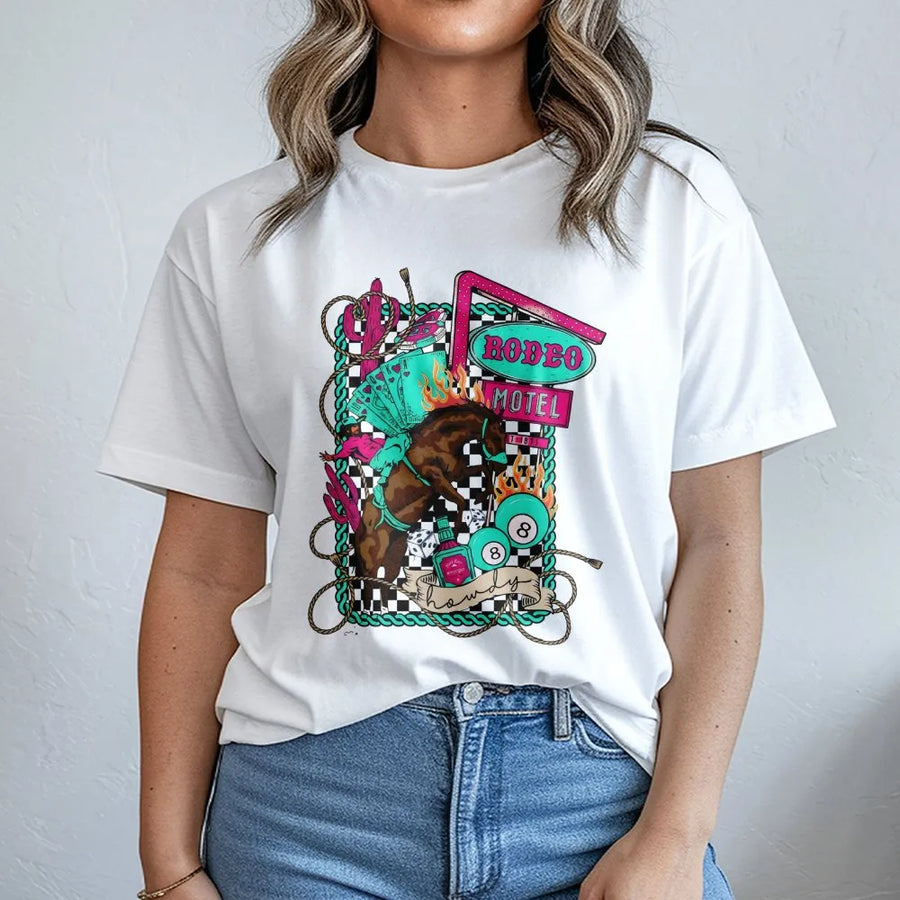 Rodeo Motel Western T-Shirt | Neon Cowboy Checkered Graphic | Premium Cotton Streetwear | Retro Country Gift For Cowgirl
