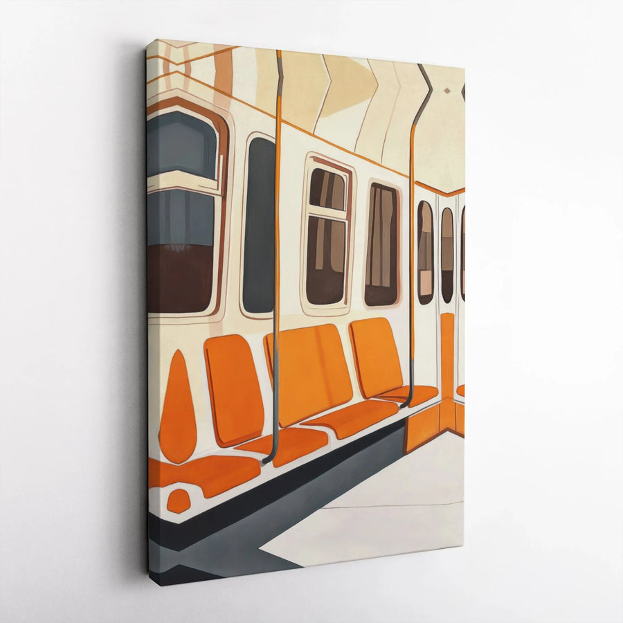 Subway Car Canvas Wall Art | Mid-Century Modern Orange Train Interior | Gallery-Quality 1.25 Inch Thick Print | Urban City Commuter Home Decor