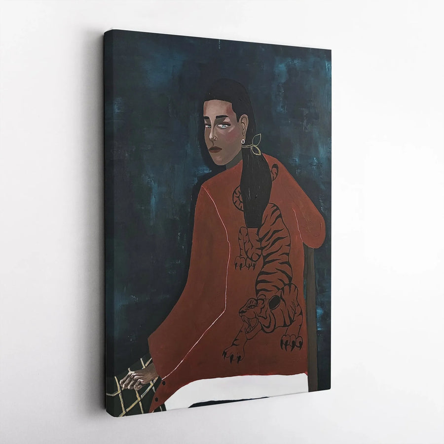 Modern Woman Portrait Canvas | Figurative Art with Tiger Graphic | Premium Gallery Wrap Wall Art | Collector's Gift for Contemporary Home Decor