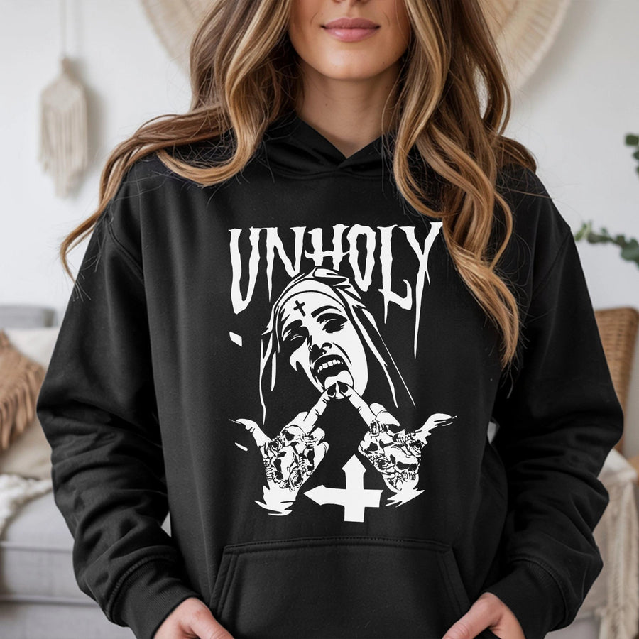 Unholy Nun Graphic Hoodie | Edgy Gothic Streetwear | Premium Cotton-Blend | Aesthetic Y2K Gift for Alternative Style Lovers