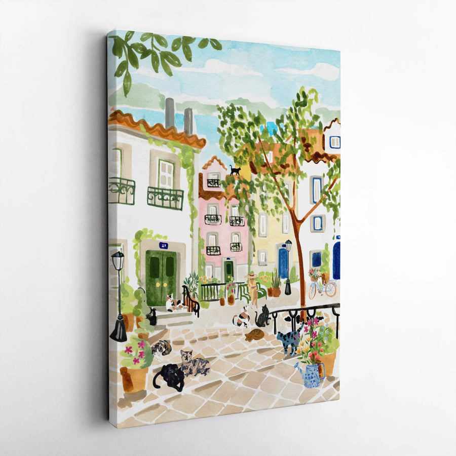 Lisbon Portugal Canvas Wall Art | Watercolor Street Scene with Cats | Premium Fade-Resistant Print | European Travel Souvenir Gift for Cat Lovers