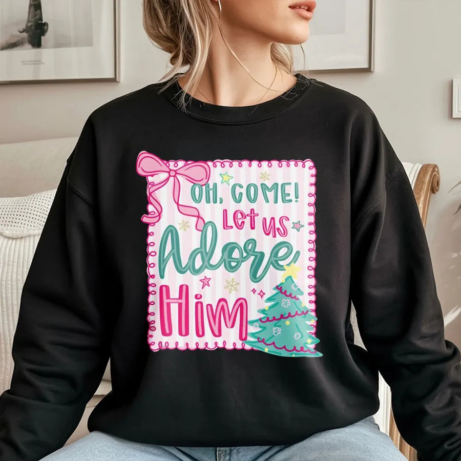 Oh Come Let Us Adore Him Sweatshirt | Pink Coquette Christmas Aesthetic | Premium Soft Cotton Blend | Religious Christian Holiday Gift for Her