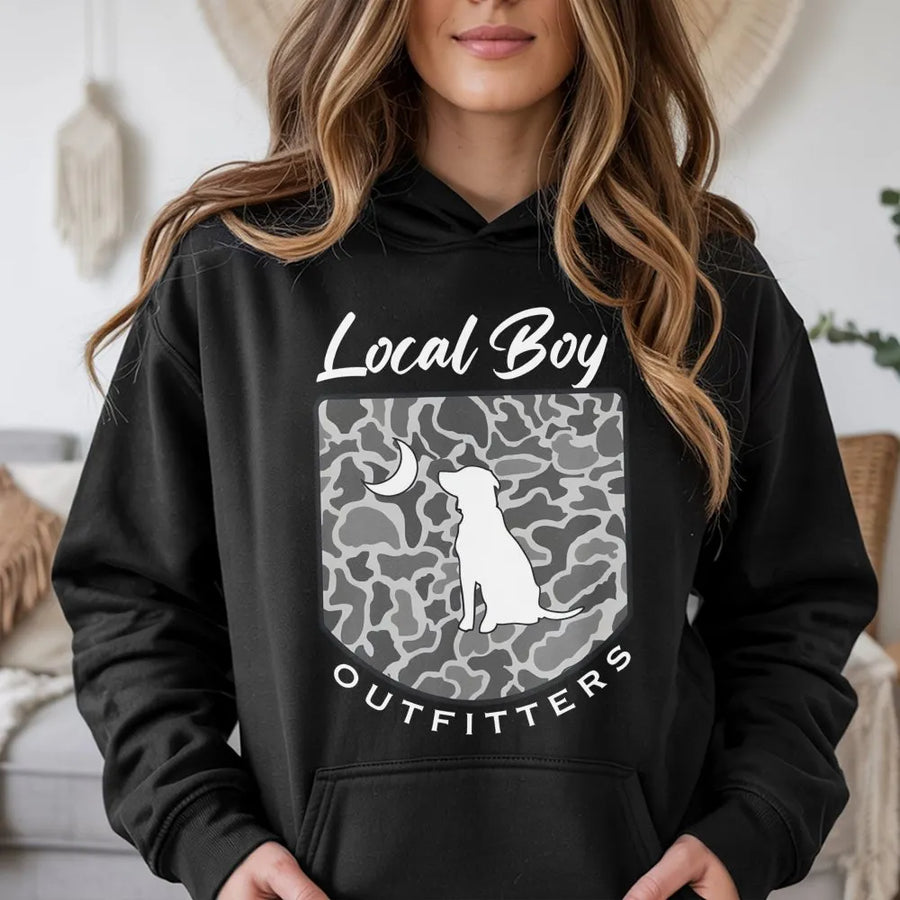 Labrador Retriever Hoodie | Grey Camo Moon Graphic Print | Soft Cotton Blend Premium Pullover | Gift for Dog Lovers and Outdoor Enthusiasts