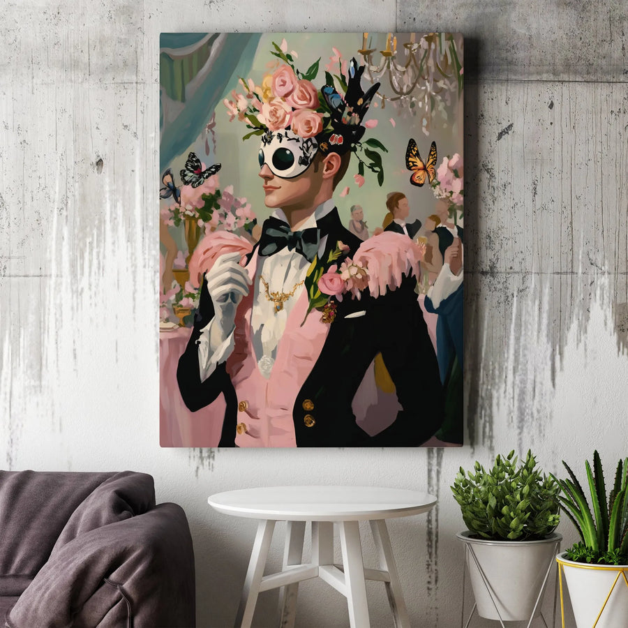 Masquerade Ball Canvas Art | Surreal Floral Masked Gentleman Print | Premium Gallery Wrap Wall Decor | Gothic Romantic Home Gift