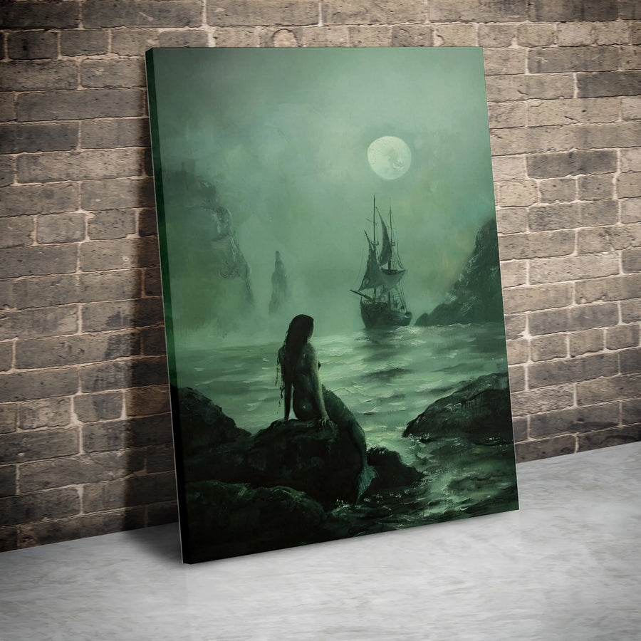 Gothic Mermaid Canvas Art | Moody Moonlit Ocean Seascape | Premium Gallery-Wrapped Print | Dark Academia Home Decor Gift