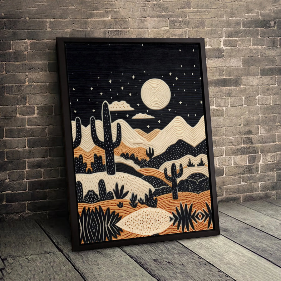 Desert Night Landscape Canvas Wall Art | Bohemian Cactus Linocut Design | Premium Gallery-Wrapped Print | Boho Home Decor Gift For Nature Lovers