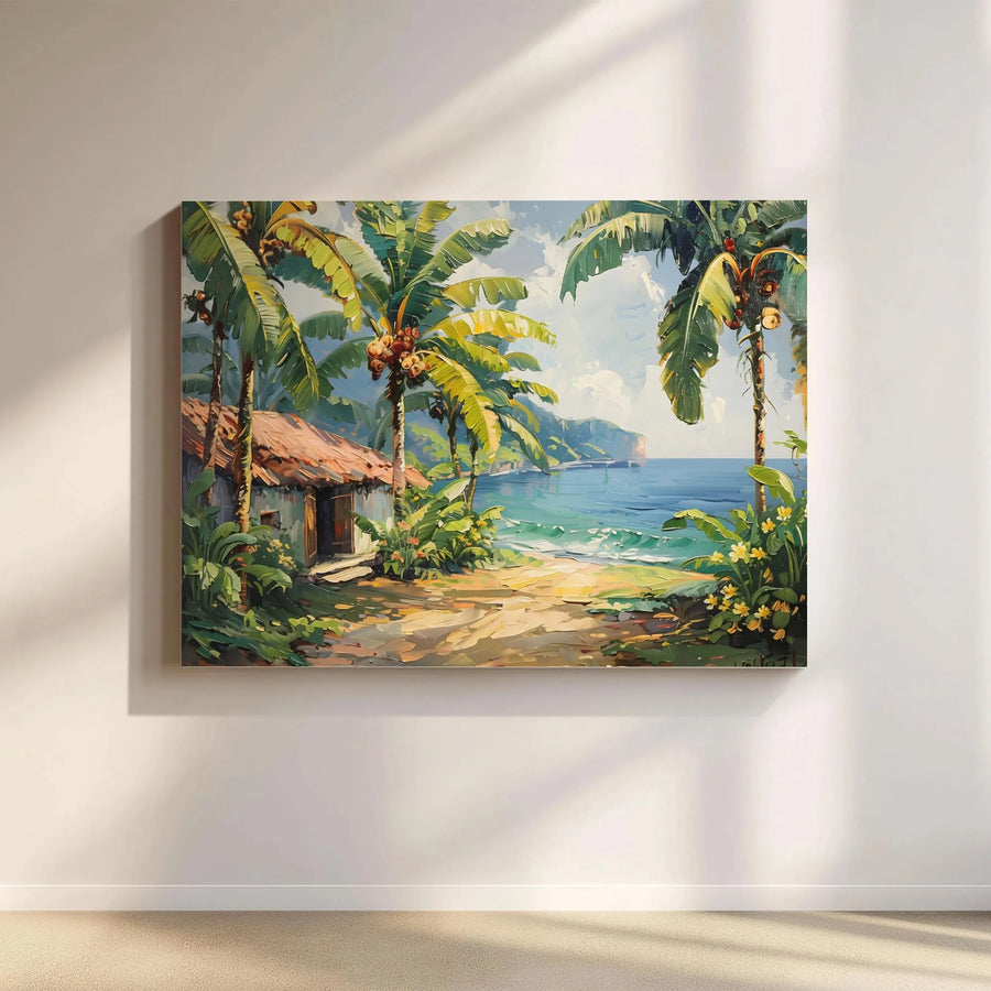 Tropical Beach Hut Canvas Print | Palm Tree Seascape Wall Art | Premium Gallery Wrap Decor | Coastal Home Office Gift