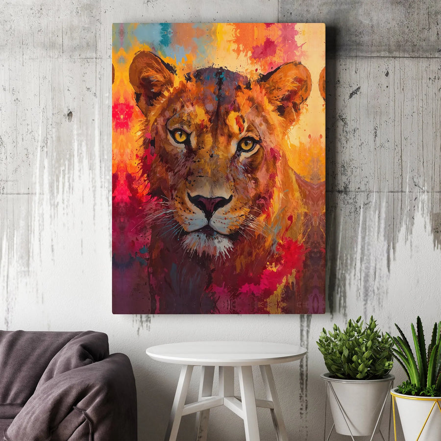Lioness Canvas Wall Art | Colorful Abstract Wildlife Portrait | Premium Gallery Wrap Canvas | Modern Office & Living Room Decor Gift
