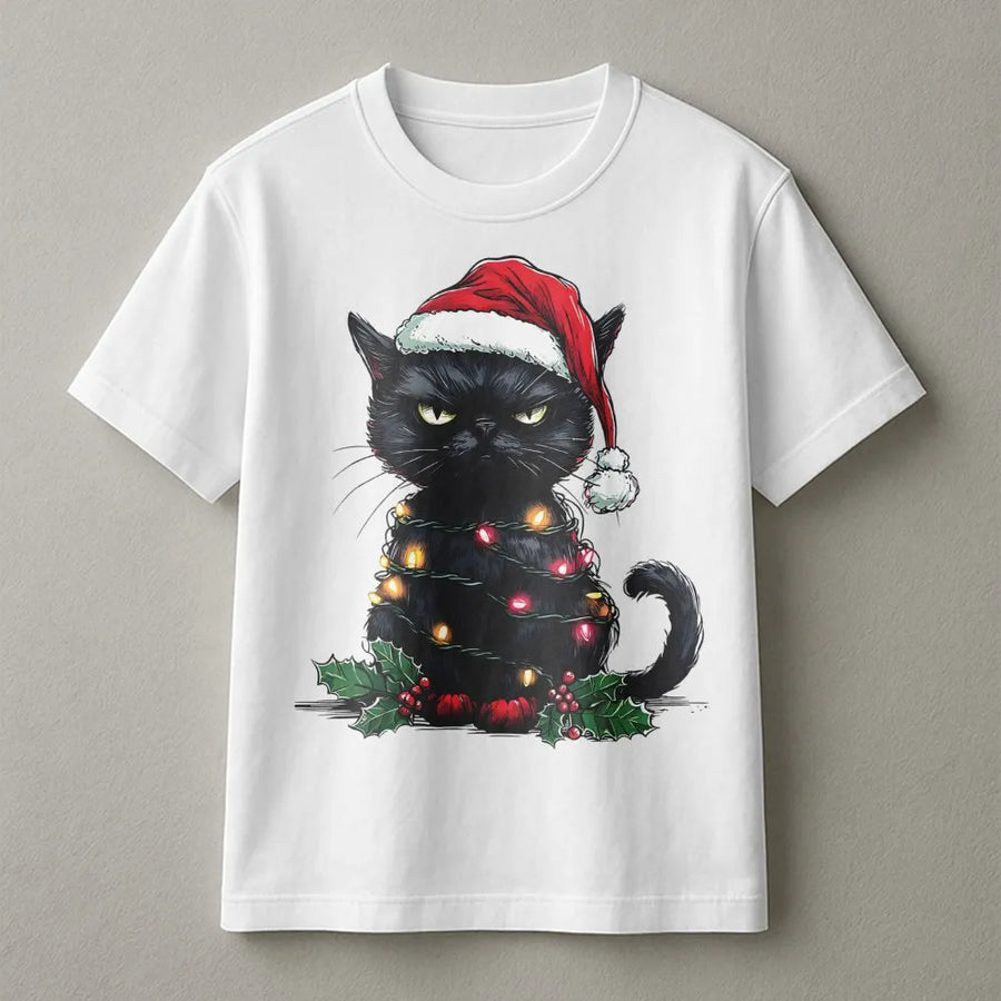 Black Cat Christmas T-Shirt | Grumpy Kitten with Holiday Lights Graphic | Soft Cotton Premium Tee | Funny Cat Lover Gift for Holidays