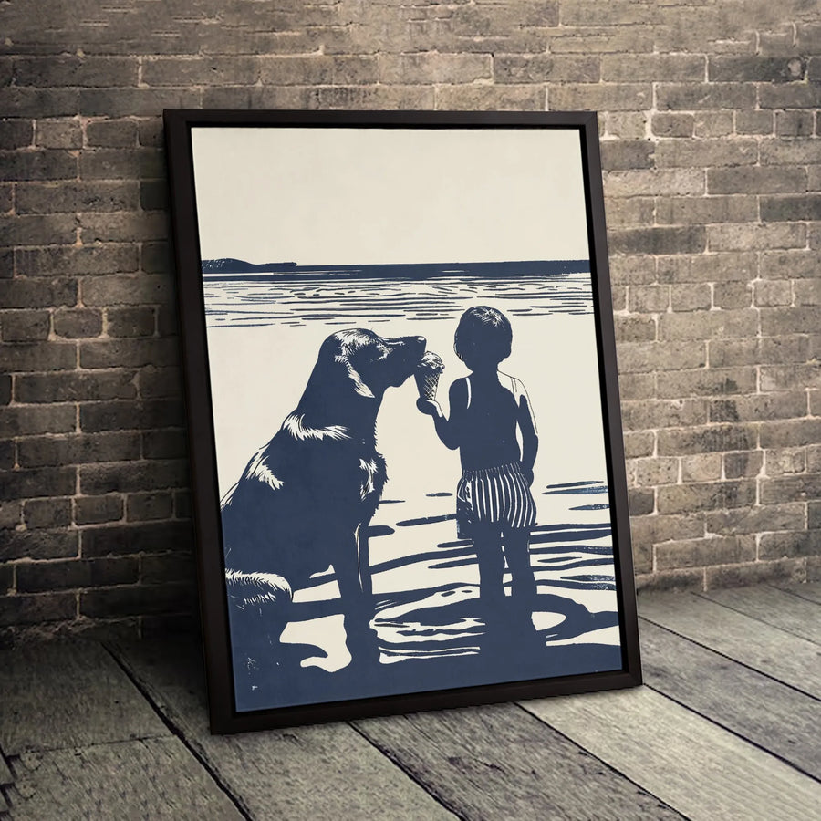 Boy and Dog Beach Silhouette Wall Art | Coastal Summer Childhood Memory | Premium Gallery-Wrapped Canvas | Heartwarming Gift for Dog Lovers