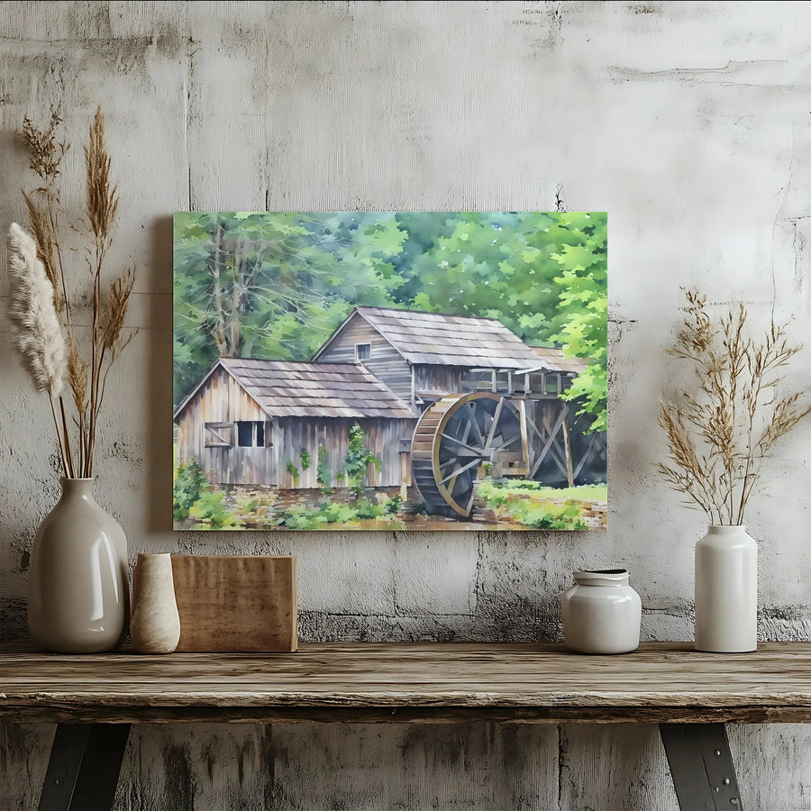 Old Watermill Canvas Wall Art | Rustic Forest Landscape Painting | Premium Gallery Wrap Print | Nature Decor Gift for Home Office