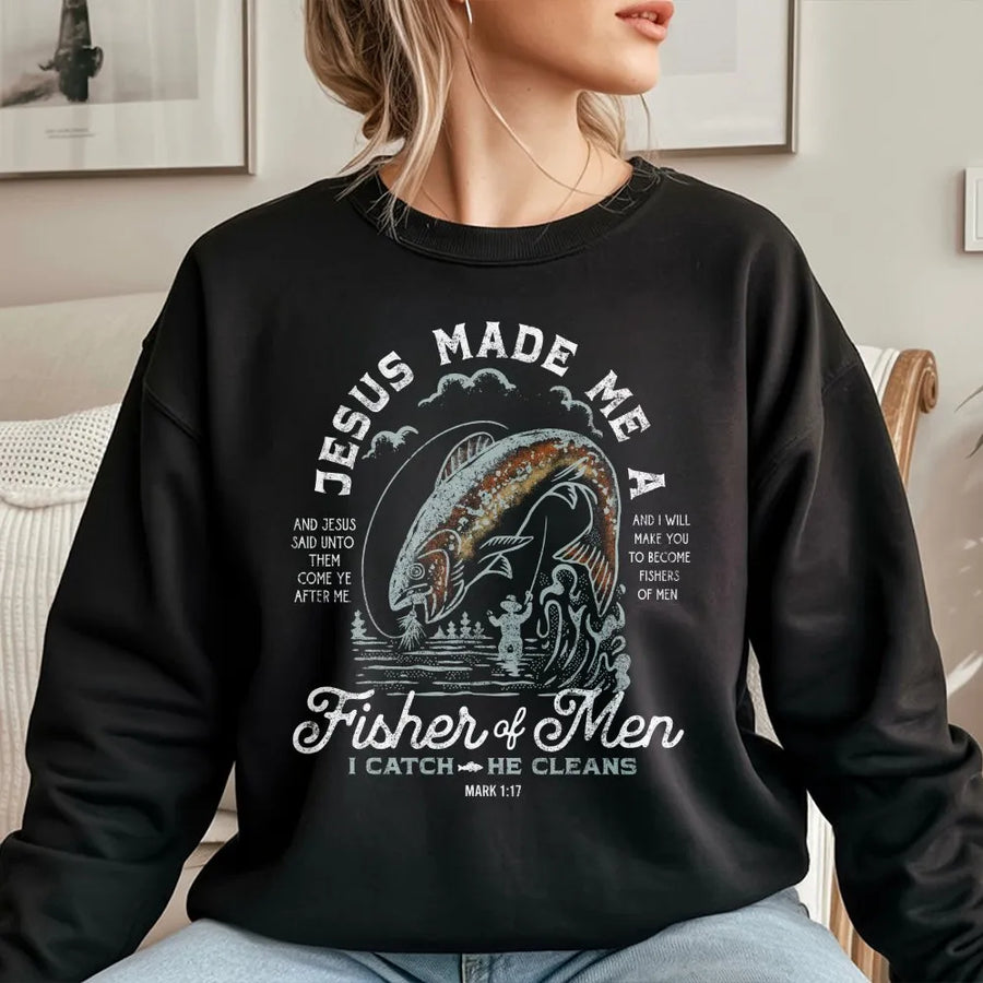Fisher of Men Sweatshirt | Christian Trout Fishing Bible Verse Graphic | Premium Cotton-Blend | Faith Based Gift for Angler