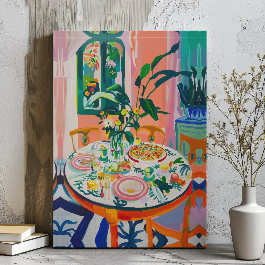 Abstract Dining Table Canvas Wall Art | Colorful Pizza Dinner Still Life | 1.25 Inch Gallery Wrap | Modern Kitchen & Dining Room Decor