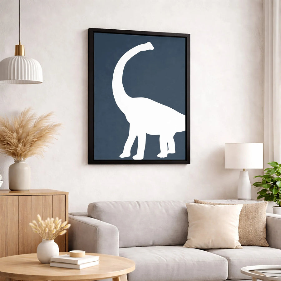 Brachiosaurus Dinosaur Canvas Wall Art | Minimalist Blue and White Silhouette | Premium Fade-Resistant Gallery Wrap | Modern Kids Nursery Decor Gift