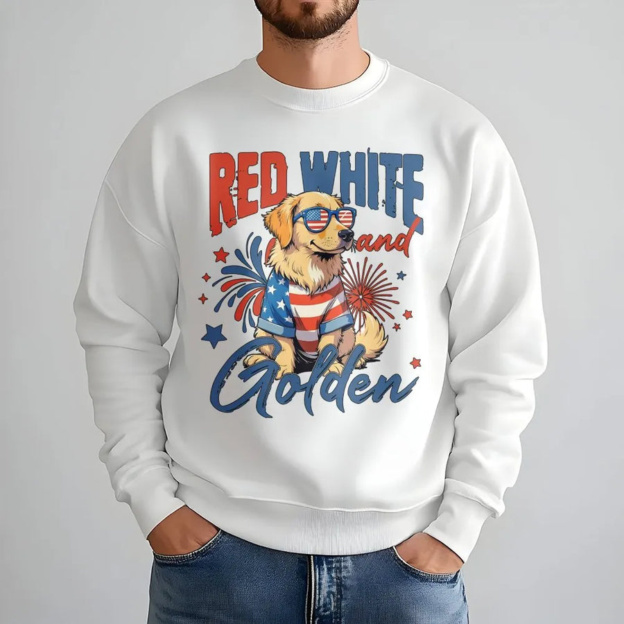 Red White and Golden Sweatshirt | Patriotic Golden Retriever USA Flag Design | Soft Cotton Unisex Tee | Independence Day Gift for Dog Mom