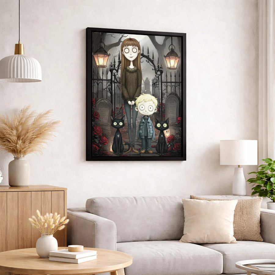 Gothic Graveyard Wall Art | Whimsical Mother and Son Illustration with Black Cats | Gallery-Quality 1.25 inch Canvas | Spooky Home Decor Gift