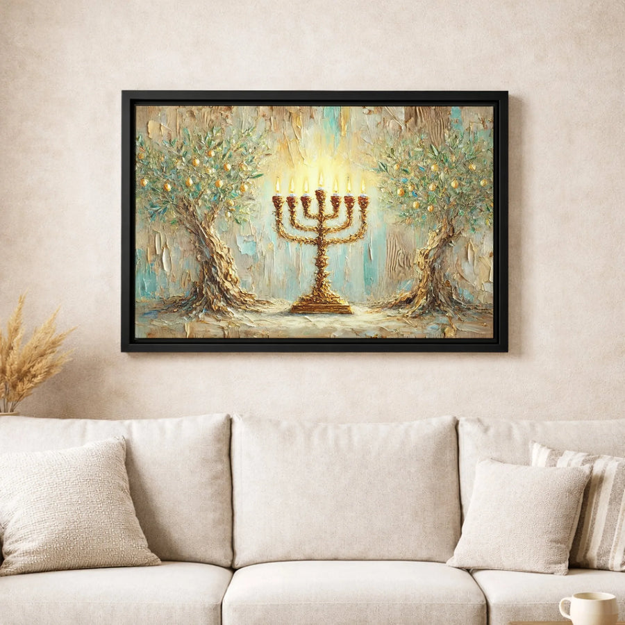 Menorah Canvas Wall Art | Impasto Oil Painting Style | Premium Gallery Wrap | Hanukkah Home Decor Gift for Jewish Living Room