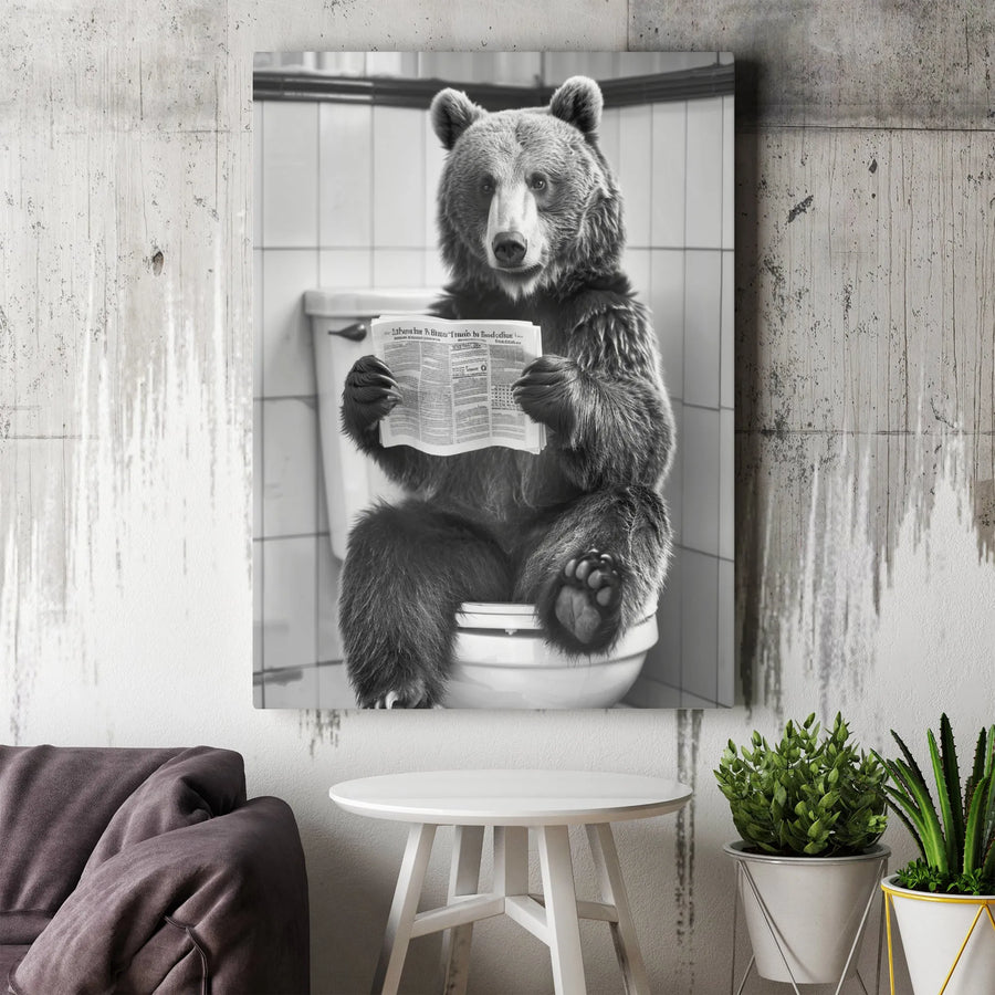 Funny Bear Reading Newspaper Canvas | Bathroom Humor Wall Art | Premium Gallery Wrapped Print | Quirky Gift for Animal Lovers