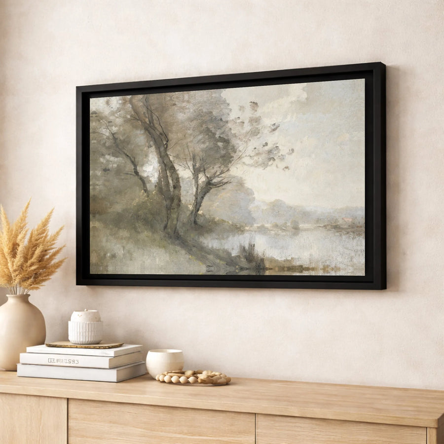 Neutral River Landscape Canvas Wall Art | Impressionist Nature Painting | Gallery-Wrapped Premium Print | Calming Home Decor for Living Room