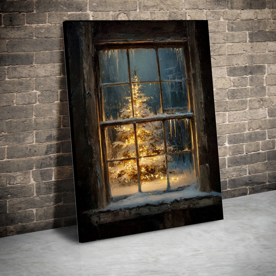 Christmas Tree Snowy Window Canvas Art | Winter Holiday Lights Wall Decor | Premium Fade-Resistant Print | Cozy Farmhouse Seasonal Gift