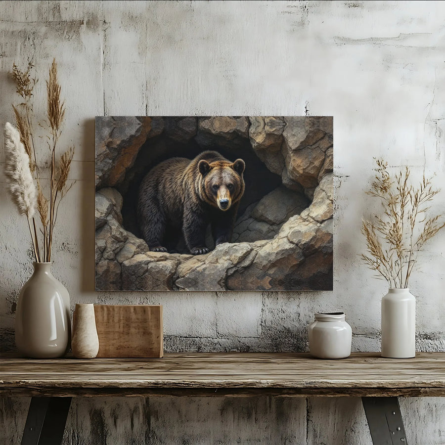 Grizzly Bear Wall Art | Majestic Forest Animal in Rocky Cave | Premium Gallery Wrap Canvas | Rustic Wildlife Home Decor Gift