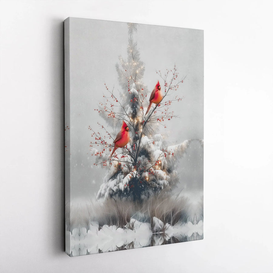 Red Cardinal Canvas Wall Art | Snowy Winter Pine Tree Decor | Premium Gallery Wrap Print | Christmas Holiday Home Gift