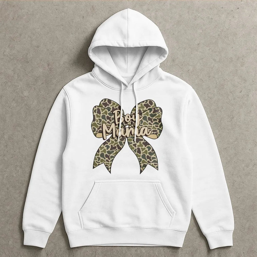 Boy Mama Hoodie | Camo Coquette Bow Graphic | Premium Cotton Blend | Gift for Boy Mom New Mom Birthday Apparel