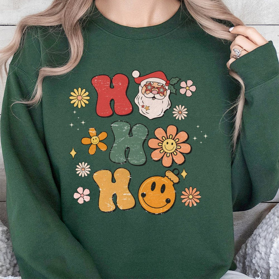 Retro Christmas Sweatshirt | Ho Ho Ho Santa Graphic Design | Premium Cotton Blend | Holiday Gift for Women and Teachers