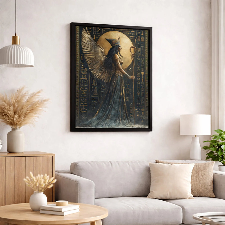Egyptian Goddess Isis Canvas Wall Art | Winged Ankh Hieroglyph Decor | Premium Gallery-Wrapped Print | Ancient History Lover Gift