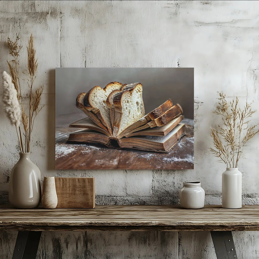 Bread Book Canvas Wall Art | Surreal Still Life Photography | Premium Gallery Wrapped Canvas | Unique Kitchen Decor Gift for Bakers & Readers