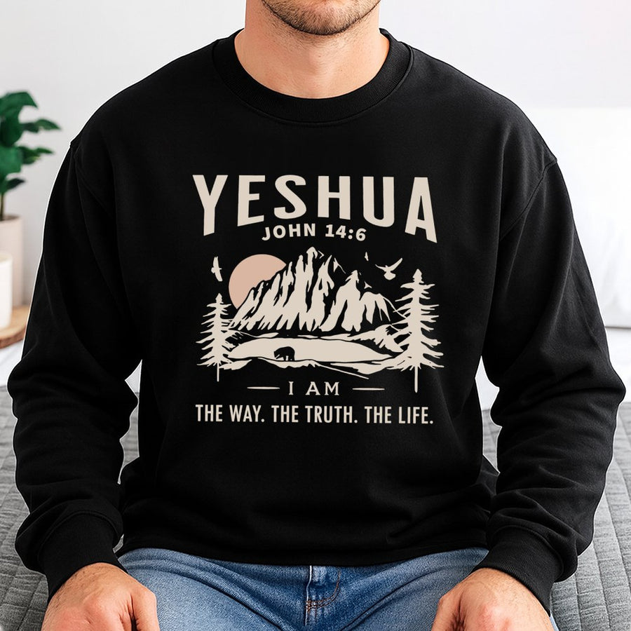 Yeshua John 14:6 Sweatshirt | Minimalist Mountain Nature Graphic | Premium Cotton Blend | Christian Gift for Men and Women Faith Apparel