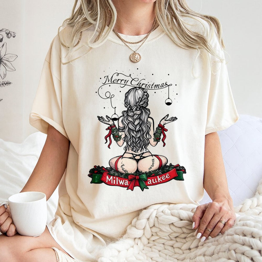 Milwaukee Christmas T-Shirt | Pin-Up Girl Holiday Graphic | Premium Cotton Unisex Tee | Edgy City Pride Gift for Adults