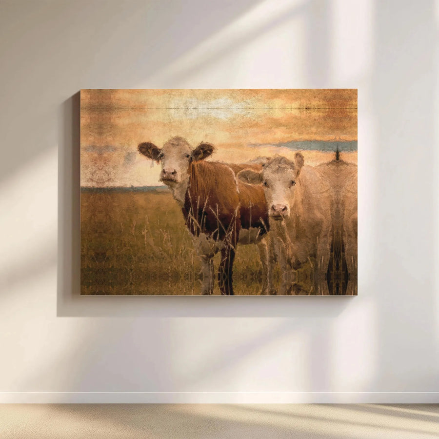 Rustic Farmhouse Cow Canvas Wall Art | Two Cattle In Sunset Field | Gallery-Quality Premium Print | Country Kitchen Home Decor Gift