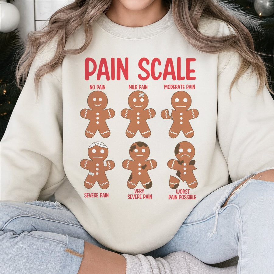 Pain Scale Gingerbread Sweatshirt | Funny Christmas Nurse Graphic | Soft Cotton Blend Crewneck | Holiday Gift For Healthcare Workers