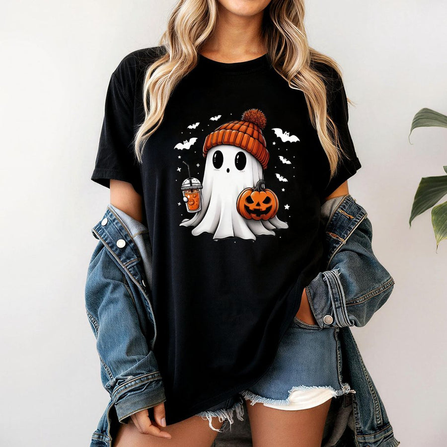 Cute Ghost T-Shirt | Pumpkin Spice Latte Halloween Graphic Tee | 100% Cotton Premium Comfort | Spooky Season Gift For Women