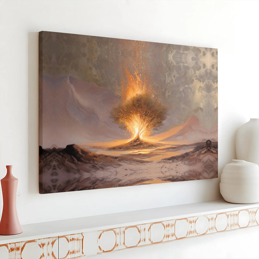 Burning Bush Canvas Wall Art | Surreal Biblical Landscape Painting | Premium Gallery Wrap Print | Religious Home Decor for Living Room