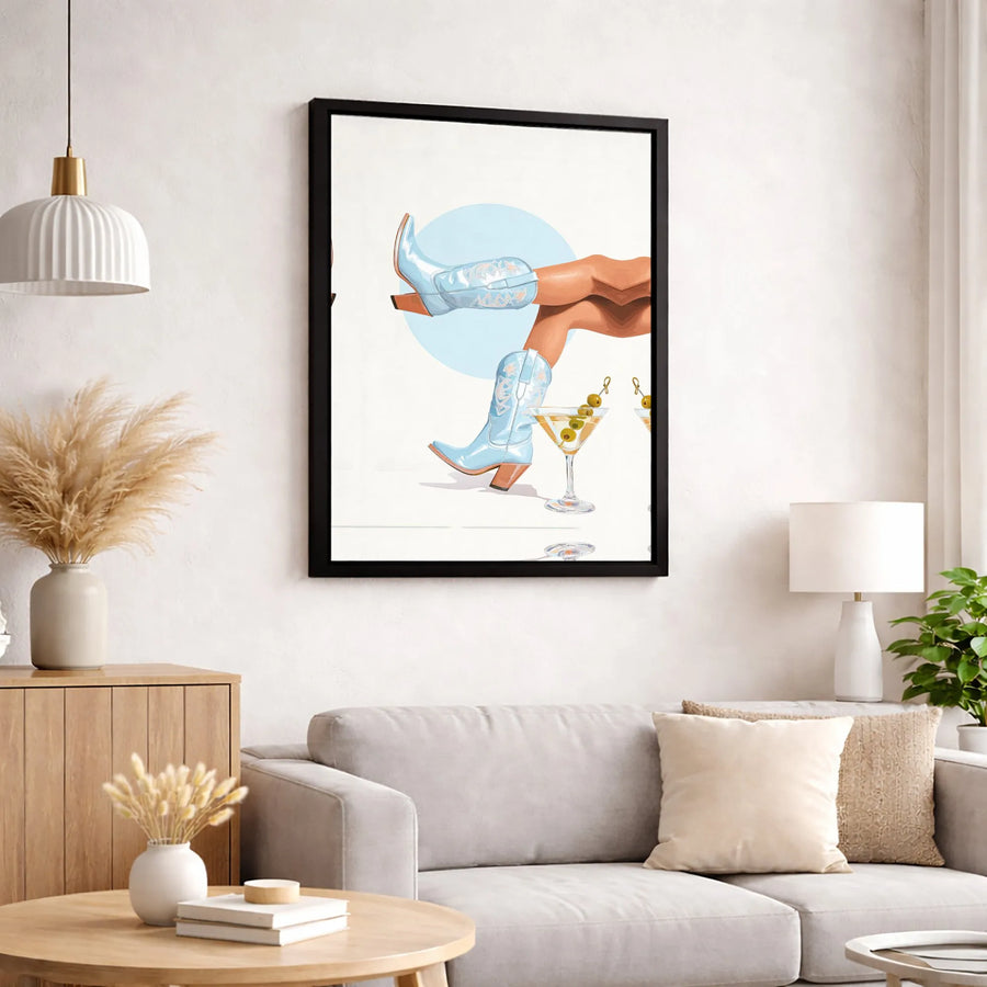 Cowboy Boot Martini Canvas Art | Retro Western Aesthetic Illustration | Premium Fade-Resistant Gallery Wrap | Chic Bar Cart Decor for Women