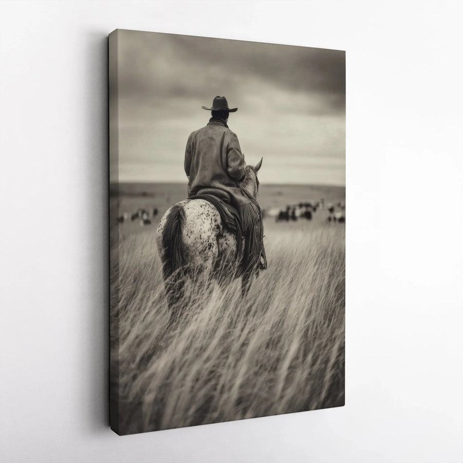 Western Cowboy Canvas Print | Black and White Lone Rider Photography | Premium Gallery Wrapped Wall Art | Rustic Farmhouse Decor Gift for Men