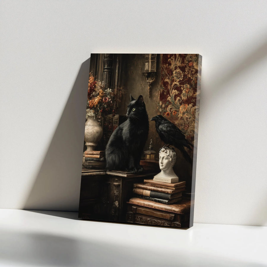 Gothic Black Cat and Raven Canvas Wall Art | Dark Academia Oil Painting Style | Premium Gallery Wrap Decor | Moody Library Home Office Gift