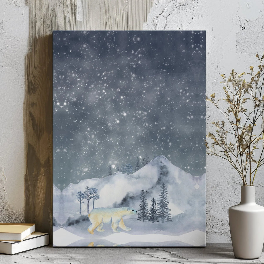 Polar Bear Wall Art | Snowy Mountain Night Watercolor Canvas | Gallery Wrapped Premium Print | Winter Nature Home Decor Gift