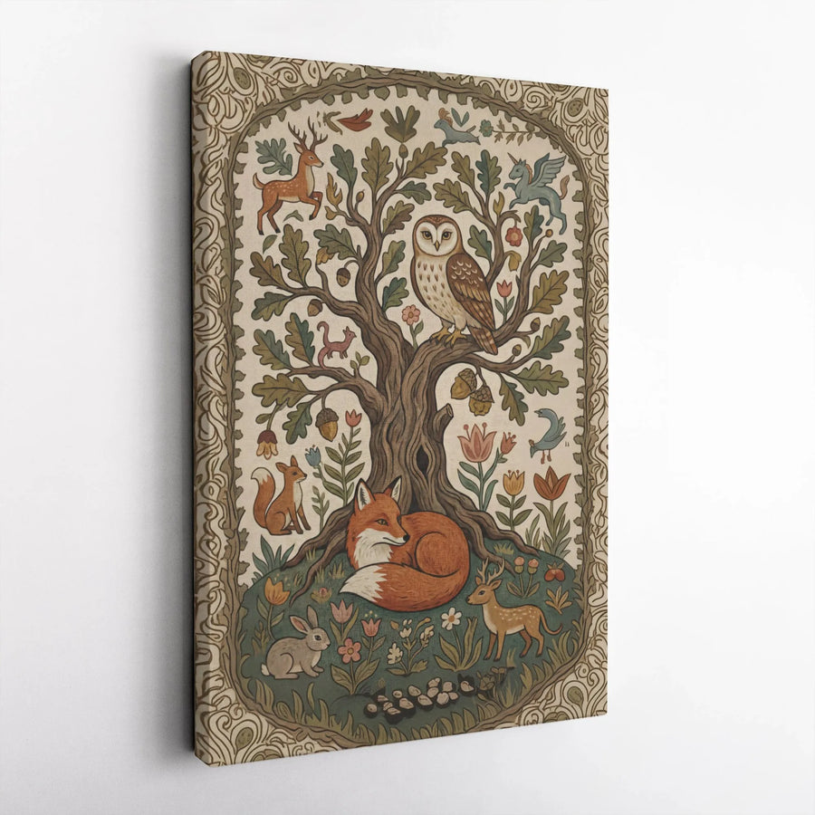 Enchanted Forest Tree of Life Canvas | Vintage Folk Art with Fox, Owl & Deer | Premium Gallery Wrapped Canvas | Whimsical Nursery Decor Gift