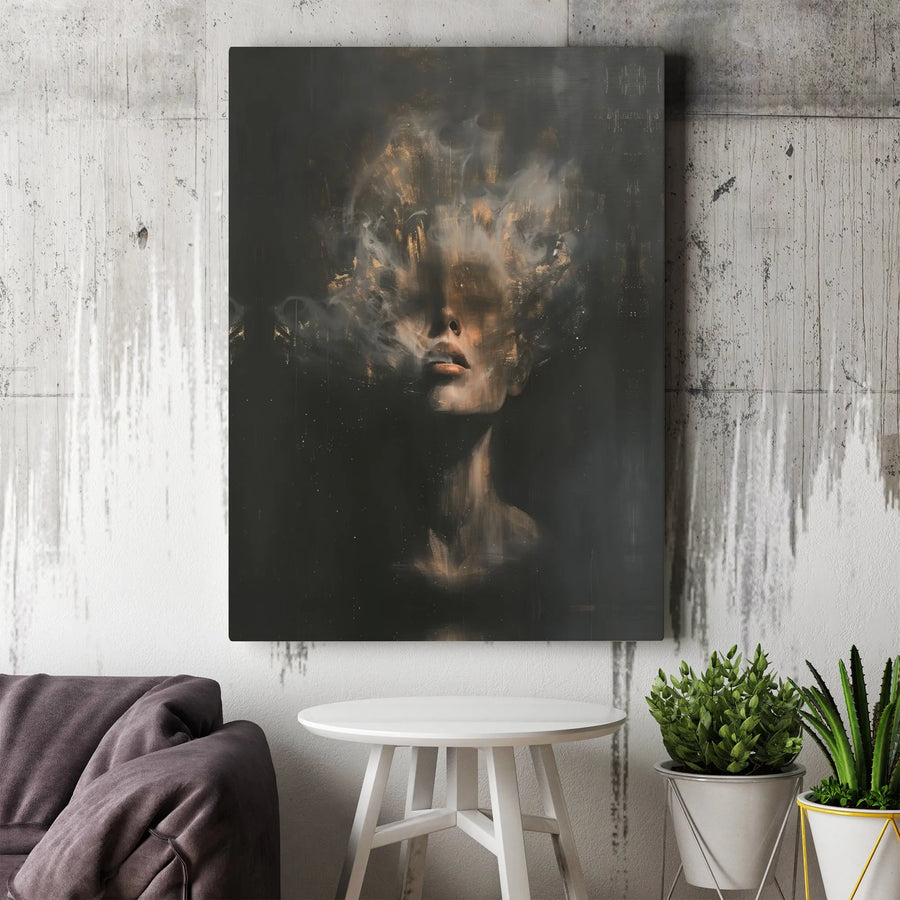 Abstract Woman Portrait Canvas | Moody Smoke Face Wall Art | Premium 1.25 Inch Gallery Wrap | Modern Home Office Decor Gift