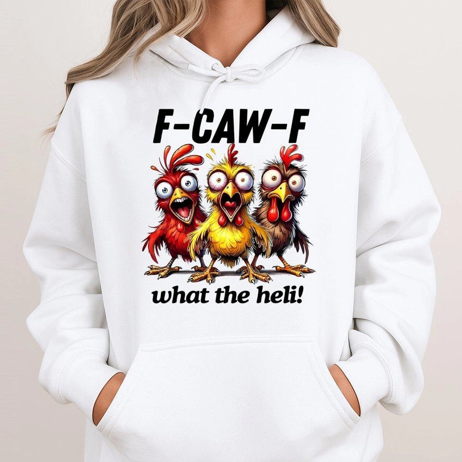 Funny Chicken Hoodie | F-Caw-F What The Heli Graphic Print | Soft Cotton-Polyester Blend | Humorous Farm Animal Gift For Chicken Lovers