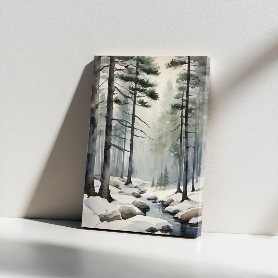Winter Forest Canvas Wall Art | Snowy Pine Tree Watercolor Landscape | Gallery Wrap Professional Print | Serene Nature Home Decor Gift