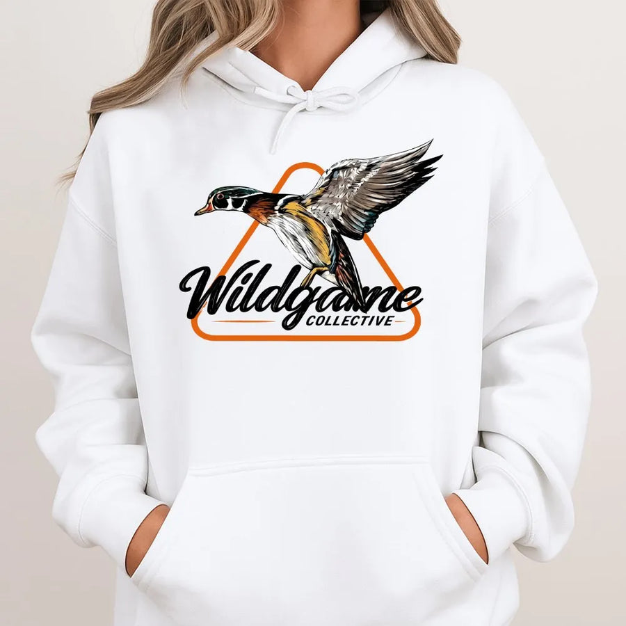 Wood Duck Hoodie | Realistic Flying Waterfowl Graphic | Soft Cotton Blend Crewneck | Gift for Hunter, Outdoorsman Apparel
