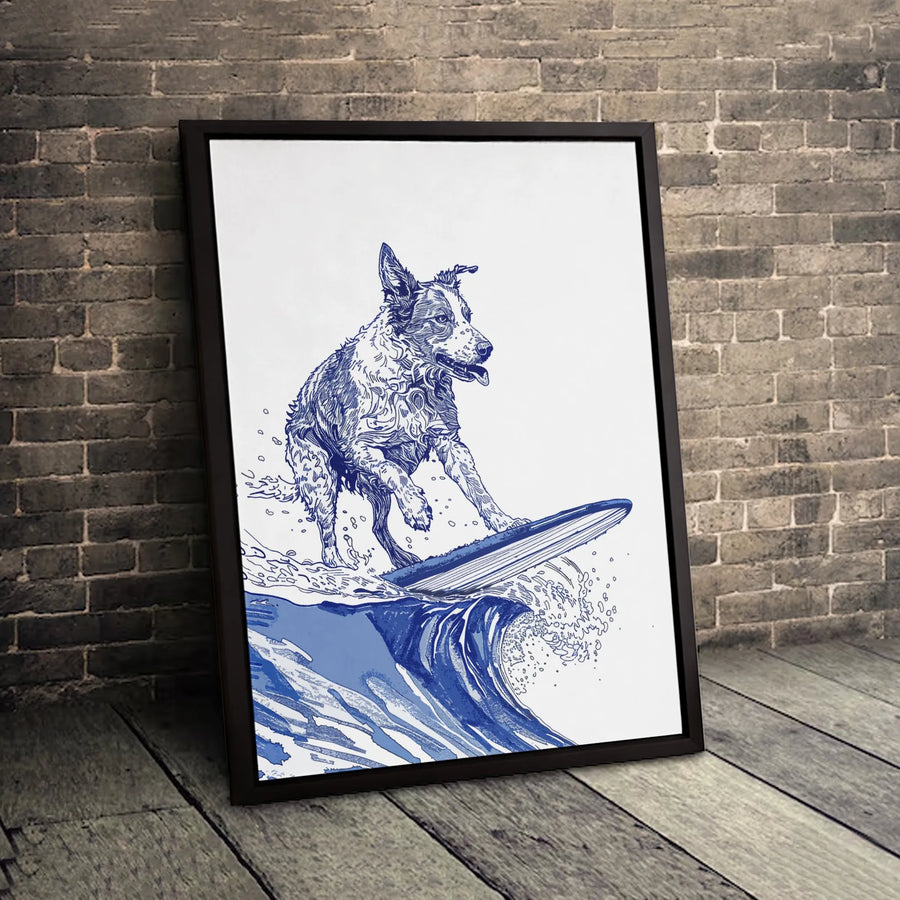 Surfing Dog Canvas Wall Art | Blue Line Art Nautical Illustration | 1.25 Inch Premium Gallery Wrap | Coastal Decor Gift for Dog Lovers