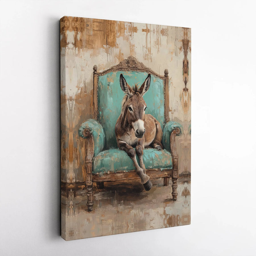 Donkey Wall Art Canvas | Whimsical Animal Sitting in Teal Armchair | Premium Gallery Wrapped Decor | Funny Farmhouse Living Room Gift