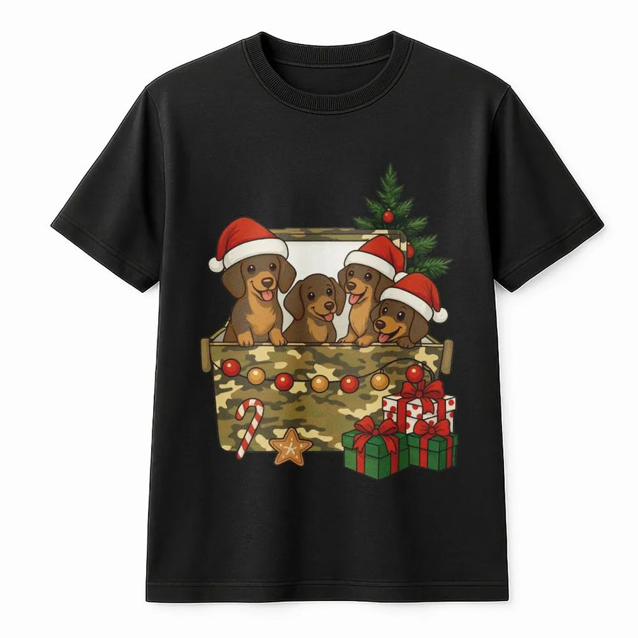 Dachshund Christmas T-Shirt | Cute Wiener Dog Puppies in Camo Gift Box Graphic | Soft Premium Cotton Tee | Holiday Dog Lover Gift for Him Her