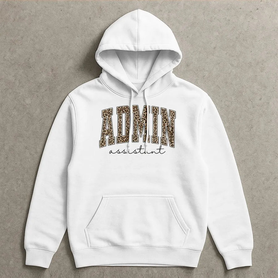 Administrative Assistant Hoodie | Leopard Print Varsity Design | Soft Cozy Pullover | Gift for Administrative Professionals Day