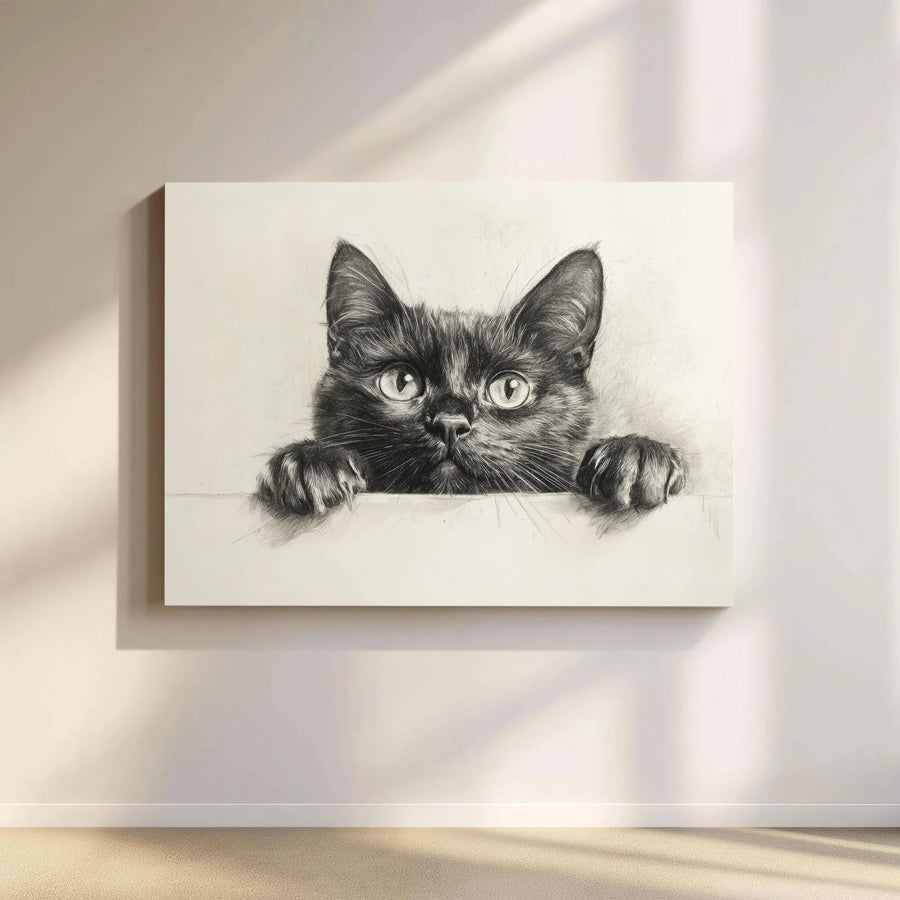 Black Cat Wall Art Canvas | Peeking Kitten Pencil Sketch Print | Gallery-Quality Framed Decor | Unique Gift for Cat Lovers